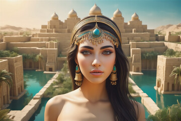 Wall Mural - princess of babylon The beautiful Babylonian queen in the hanging gardens of Babylon. Tower of Babel and the beautiful queen.