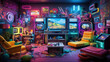 Retro living room filled with iconic '80s pop culture items like cassette tapes and arcade games