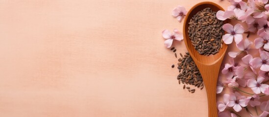 Canvas Print - Flax seeds in a wooden spoon isolated on a isolated pastel background Copy space