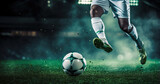Fototapeta Sport - Soccer player captured mid-kick, with the stadium's lights illuminating the scene