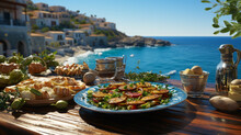Greek Gastronomy, Traditional Dishes Feta, Yogurt, Tzatziki, Moussaka, Greek Salad And Fish