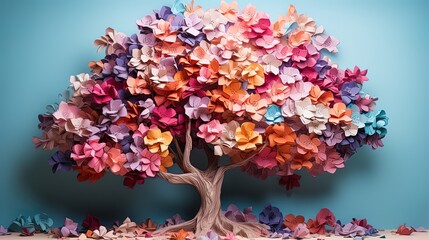 bright colorful pastel paper tree sculpture wall painting mural
