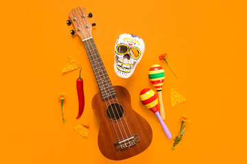 Sticker - Composition with Mexican symbols and food for Independence Day on orange background