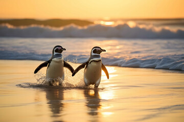 Two penguins coming ashore from Atlantic ocean, blue sea