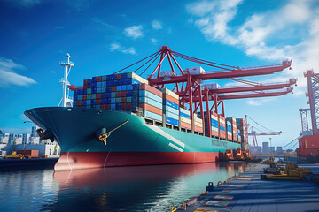 Wall Mural - Cargo ships with goods are unloaded at the seaport.