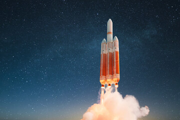 Fototapete - New space rocket with blast and smoke takes off into the starry sky. Technology, transport and science, creative idea. Start-up, concept. Spacecraft launch into space