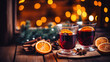 Hot spicy Christmas gluhwein, or mulled red wine with sugar and spices, served with cookies on rustic wood with a twinkling bokeh of party lights in background