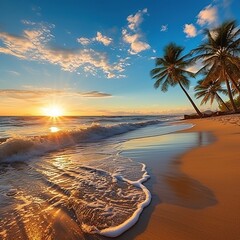 Sticker - Beautiful sunrise or sunset over the tropical beach.AI generated image