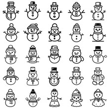  Cute Snowman Icon With Dress On Black Line With White Background. Snowman Doodle Vector Icon Set. Drawing Sketch Illustration.