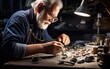 An experienced master jeweler in the process of working on a new unique ring with natural stone. Generative AI