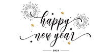 Happy New Year 2024 Script Text Hand Lettering. Design Template Celebration Typography Poster, Banner Or Greeting Card For Merry Christmas And Happy New Year. Vector Illustration