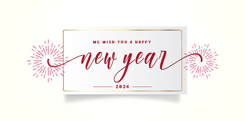 Happy New Year 2024 script text hand lettering. Design template Celebration typography poster, banner or greeting card for Merry Christmas and happy new year. Vector Illustration