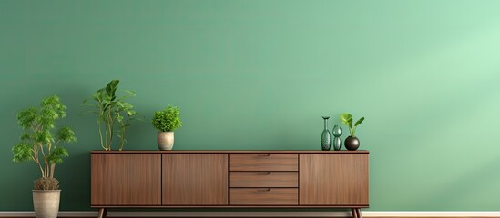 Wall Mural - a wooden cabinet with accessories on a green wall mockup