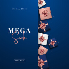 Sticker - Mega Sale background. Advertising banner for social media or web.Top view of blue, white and rose gold gift boxes.
