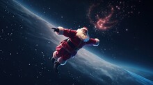Christmas Santa Claus In New Year Flies In Space, Background Of Planet. AI Generated.