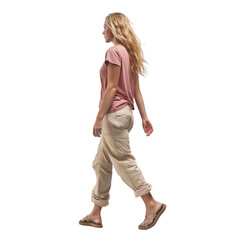 portrait of a young woman walking, back view, transparent, isolated on white