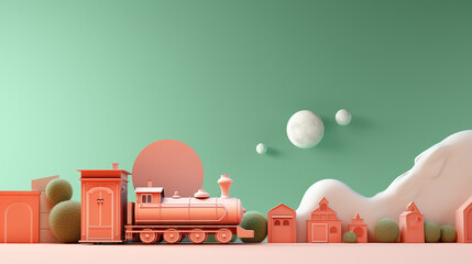 An orange toy train against a green mint sky background and several buildings with copy space