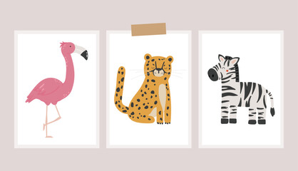 Wall Mural - Safari animals vector, Abstract baby animals vector, safari baby animals, cute animals isolated, adorable jaguar, flamingo and zebra for kids products