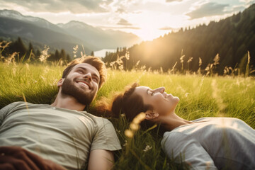 Wall Mural - Young happy couple lying in the field with spring flowers