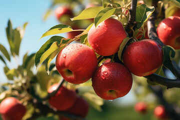 Fresh red apple on tree branch