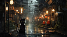 Rain-soaked Alleyway; Anime Cat Waiting Under A Lantern, Surrounded By Manga Comic Strips, Lo-fi Melodies Echoing.  AI Generative