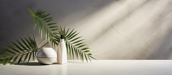 Wall Mural - Sunlit white marble counter table top with palm leaf shadow on concrete wall background for displaying luxury organic cosmetics and skincare products