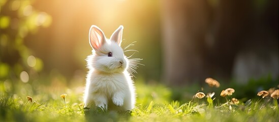 Wall Mural - Fluffy white rabbit grooming itself in green garden on a sunny day Easter animal background