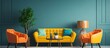 © AkuAku - 80s style interior design featuring an elegant living room with vintage orange sofa and blue yellow armchairs as well as a comfortable couch in a bright apartment with retro decor