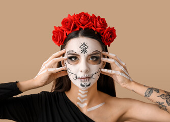 Poster - Beautiful young woman dressed as dead bride for Halloween party on beige background