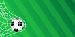 © antoniofrancois - Soccer ball in goal. Goal net. Soccer border on green football grass field. Vector stadium, supporters background