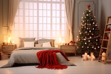 Beautiful Decorated Christmas Tree With Fairy Lights In Bedroom. Interior Design. Generative Ai.