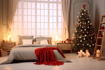 Beautiful decorated Christmas tree with fairy lights in bedroom. Interior design. generative ai.