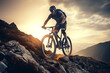 Young man riding bicycle on mountain trail sport