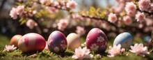 Macro Picture Of Painted Easter Eggs  In A Beautiful Spring Nature Scene With Cherry Trees In Blossom. Generative AI.