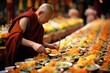 At a Buddhist temple, worshippers offer food as an act of reverence. The arrangement of fruits, flowers, and dishes is a tangible representation 