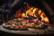 rustic wood-fired pizza oven in action, with flames dancing around the pizza as it bakes to perfection, emphasizing the authenticity and flavor of pizzaiola cooking