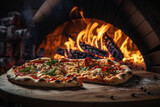 Fototapeta  - rustic wood-fired pizza oven in action, with flames dancing around the pizza as it bakes to perfection, emphasizing the authenticity and flavor of pizzaiola cooking