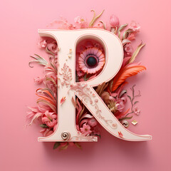 Wall Mural - The Capital letter R in serif font made by art nouveau style in pink flower background