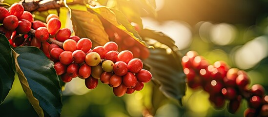 Canvas Print - Arabica coffee berries ripening on tree in Thailand with blurred background