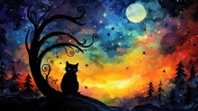 Illustration Of A Black Cat Under A Tree Silhouette Staring At A Rainbow Colored Watercolor Or Northern Lights Night Sky, Concept For Halloween, Autumn, Aurora Borrealis. 
