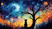 Illustration Of A Black Cat Under A Tree Silhouette Staring At A Rainbow Colored Watercolor Or Northern Lights Night Sky, Concept For Halloween, Autumn, Aurora Borrealis. 