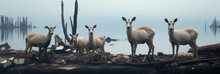 Group Of Gazelles On The Mountaintop Resting On Ruins, Decay And Garbage.