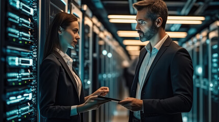 Aufkleber - IT engineers checking servers in server room or data center.