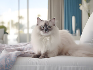 Cute cat lying on a white blanket in bed