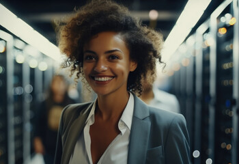 Aufkleber - IT Professional Admin woman working in a large computer server farm.