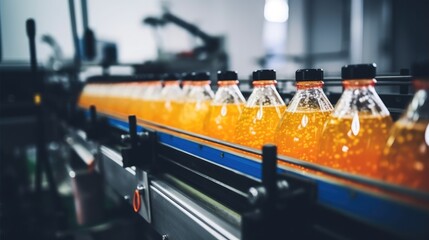 Canvas Print - Fruit juice beverage product at conveyor belt on drink factory automatic production working line.