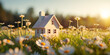 Leinwandbild Motiv Miniature toy model house in meadow with grass background
