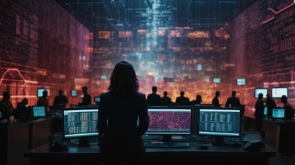 The power of digital technology with a focus on a software engineer utilizing a computer with lines of code, data analysis, and AI algorithms to improve business operations