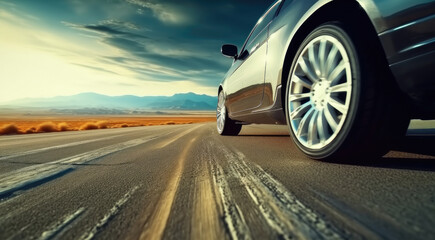 Poster - On the Road, Car tire speeding along country road sunset.