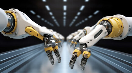 Aufkleber - Robots arm in factory of future, Automated Robot Arm Assembly with Line Manufacturing High-Tech Green Energy Electric Vehicles.